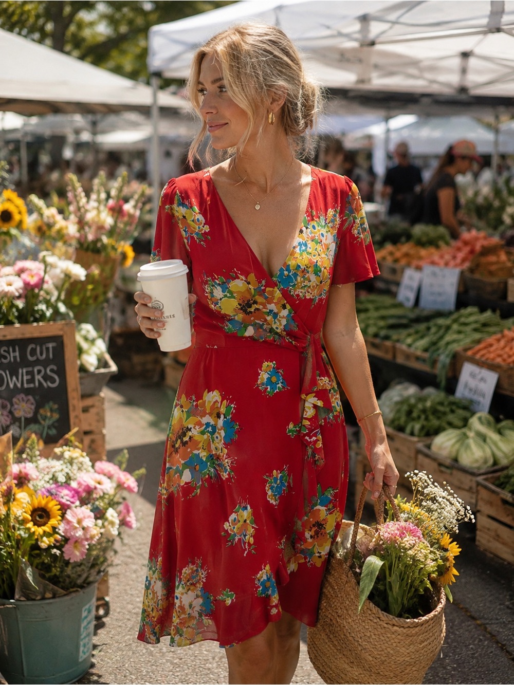 Red Floral Wrap Dress with V-Neck
